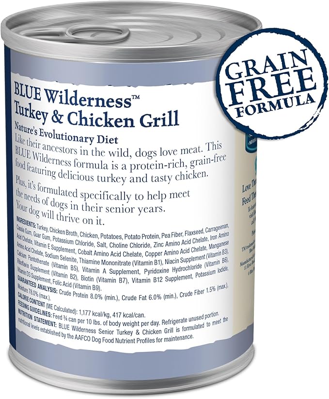 Blue Buffalo Wilderness Natural High Protein Wet Food for Senior Dogs, Turkey & Chicken, 12.5-oz Cans, 12-Count