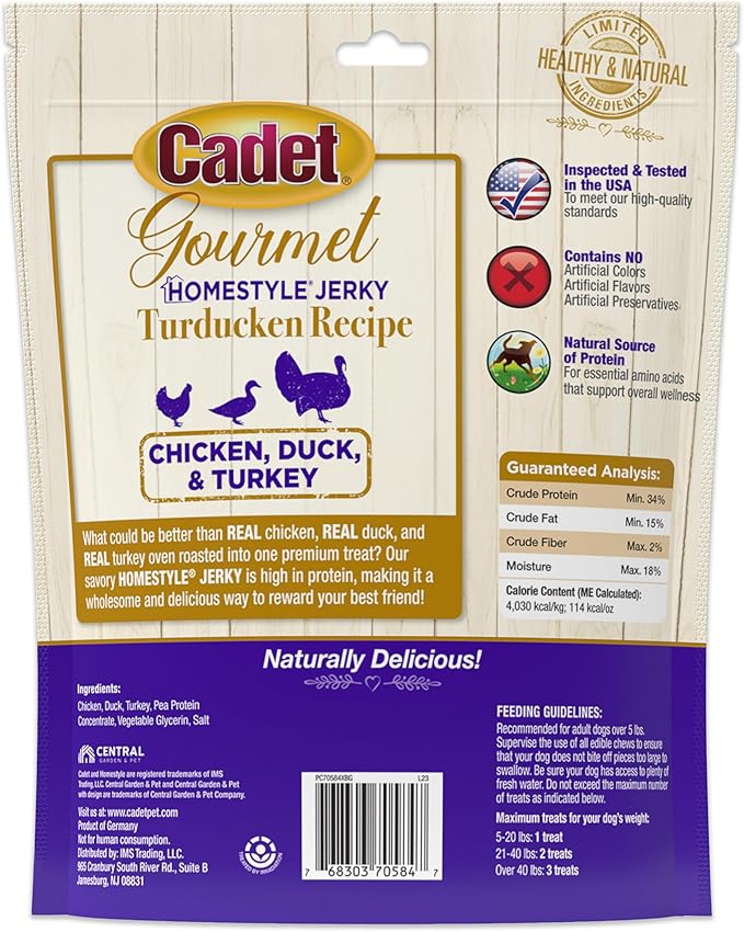 Cadet Gourmet Homestyle Turducken Recipe Jerky Chews for Dogs, Healthy Natural Dog Training Treats Made with Real Turkey, Duck & Chicken, 14 oz
