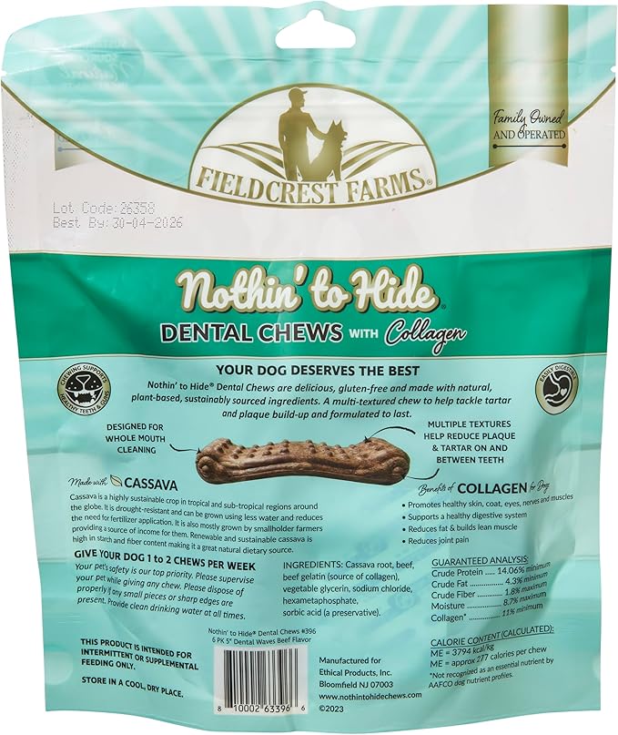 Fieldcrest Farms Dental Chews for Dogs, Wave (5inches, 6count Pack) – Tackles Plaque, Tartar, Promotes Dental Health – w/Collagen, Gluten-Free, for Aggressive Chewers up to 25 lbs