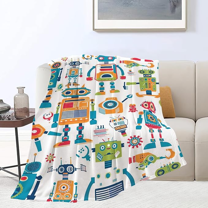 Robot Throw Blanket Cartoon Robot Machine Gifts for Kids Teens Girls Boys Adults Soft Cozy Warm Plush Fluffy Fuzzy Fleece Blanket Birthday Festival Decor 50''X60''