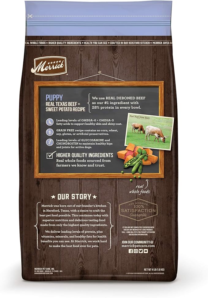 Merrick Premium Grain Free Dry Puppy Food, Wholesome And Natural Kibble With Real Texas Beef And Sweet Potato - 4.0 lb. Bag