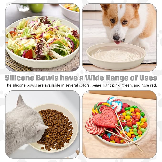 BNOSDM Silicone Cat Food Plate Shallow Dog Bowl 2 Pack Flat Puppy Feeding Dish for Small Dogs and Cats Whisker Fatigue Pet Plates for Dry and Wet Food (Beige)
