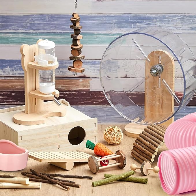 20 Pcs Hamster Toys Set, 16 Small Animal Chewing Toys, Maze Wood House, Silent Exercise Running Wheels and Water Bottle Set Feeding Bowl for Hamster Habitat Rat Cage Accessories(Pink)