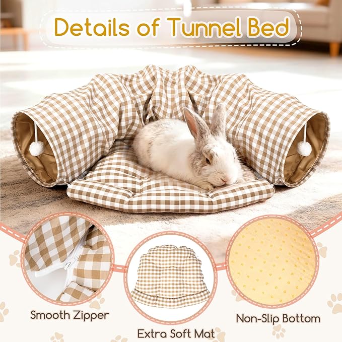Bunny Tunnel Bed, 2-in-1 Collapsible Tunnel Tubes with Removable Cushion Bed, Cozy Bunny Hideout Rabbit Tunnel Tube Toys for Cats Kittens Rabbits Small Animals