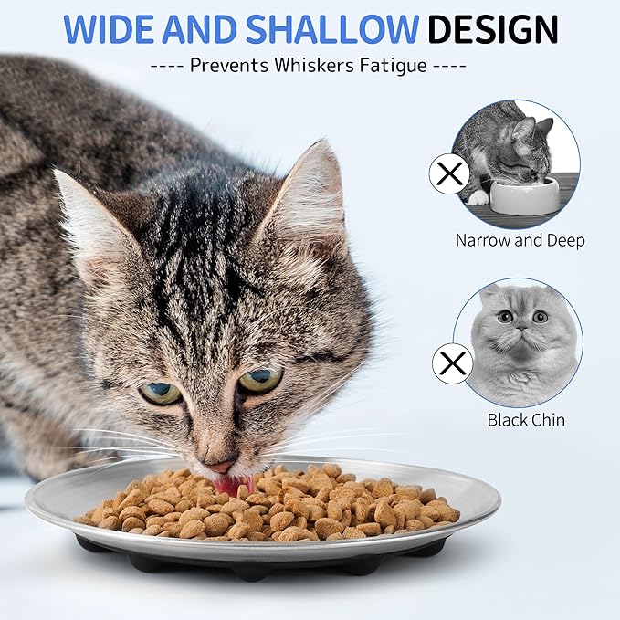 WROSWT 304 Stainless Steel Cat Plates for Wet food, 6.7" Shallow/Wide Whisker Friendly Cats Food Bowls, Non-Slip Silicone Base,Easy to Clean Indoor Cat Feeding Dishes, 2 Pack