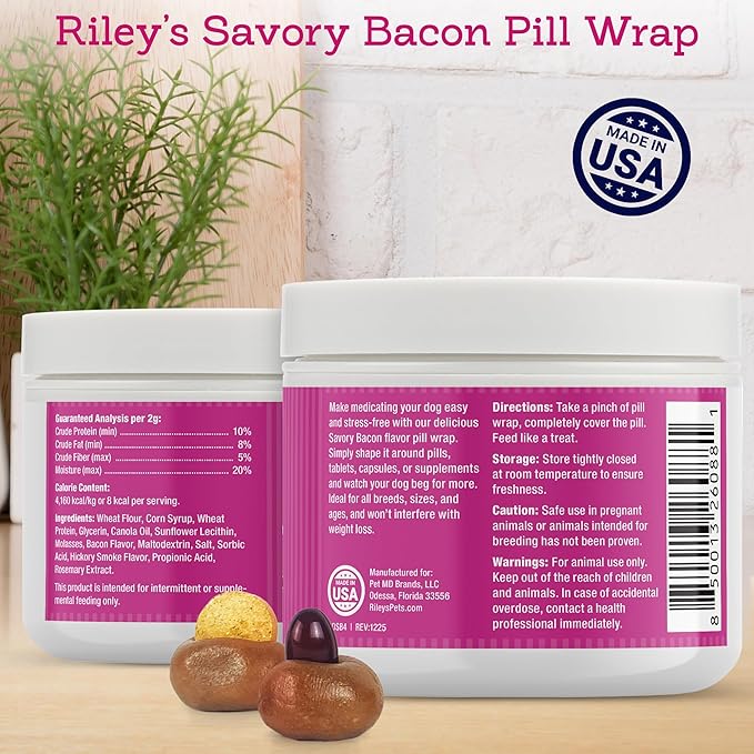 Riley's Pill Wrap for Dogs - Delicious Bacon Flavored Pill Paste for Dogs - Wrap Pills, Capsules, Tablets in a Pocket or Pouch to Mask The Taste & Make Pill Time Easy - 4.2 oz