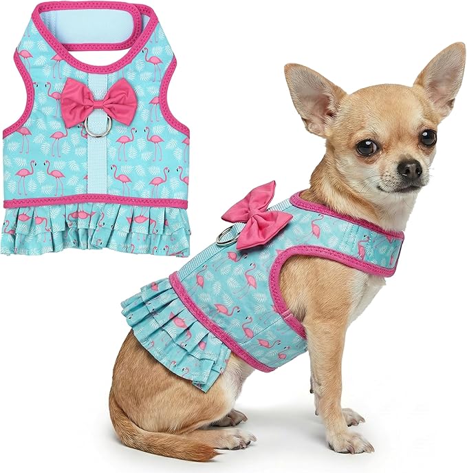 Parisian Pet Flamingo Dog Harness Dress - Breathable No Pull Puppy Dress with Leash Ring - 100% Mesh Fabric Harnesses for Dogs - Soft Padded Step in Pet Vest - All Weather Dog Harness Small Sized Dogs