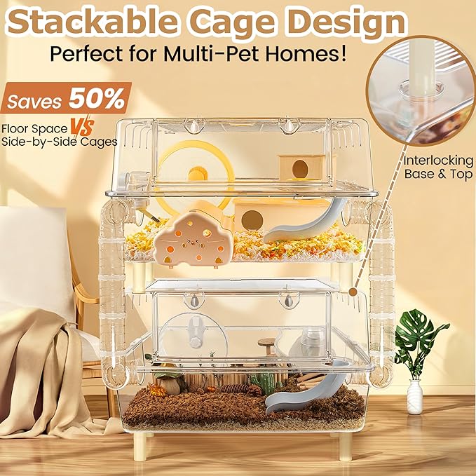 Large Hamster Cage,Crystal Clear Acrylic Hamster Cage with Stand,24.4''L*18.1''W*15.8''H Pet Mouse Cage for Pet Mice,Crystal Mouse Habitat,Hamster Enclosure with Modular Platform,Hamster Starter Kit