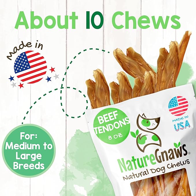 Nature Gnaws USA Beef Tendons for Dogs (8oz) - Mixed Thickness - Long Lasting for Aggressive Chewers - Premium Natural Beef Dog Chew Treats - Rawhide Free