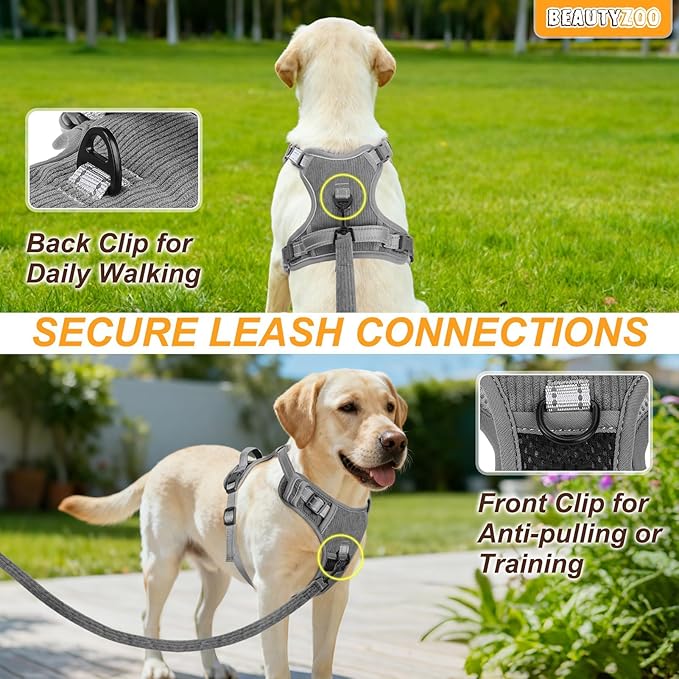 BEAUTYZOO No Pull Dog Harness Large, Adjustable Dog Harness and Leash Set -Easy Wearing with 3 Buckles/Control Handle,No Choke Soft Padded Reflective Pet Vest for Training Walking Hiking,Grey M