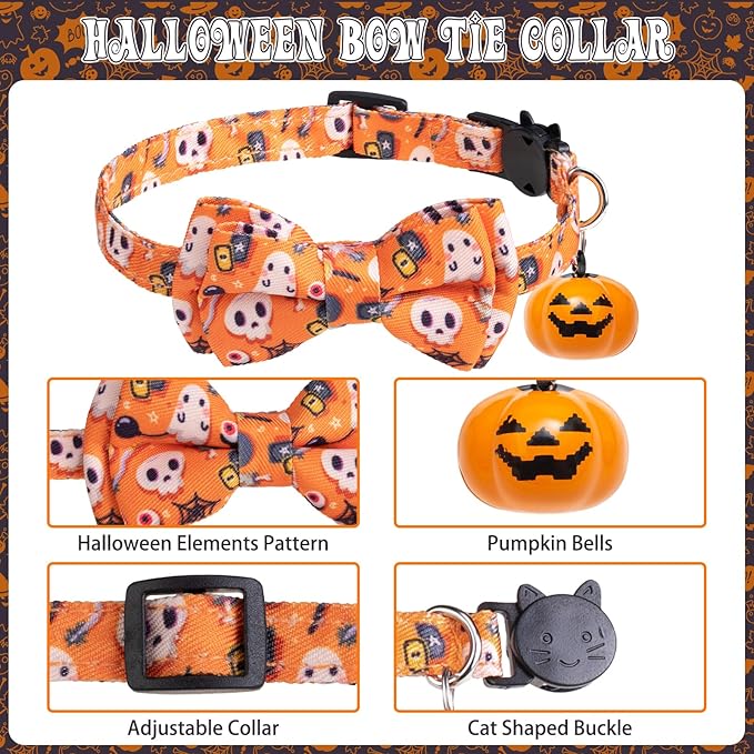 EXPAWLORER Halloween Cat Collar Breakaway with Removable Bowtie and Bandana, Adjustable Holiday Cute Kitten Collar with Pumpkin Bell, Ideal Festival Decoration Gift for Cats Puppies, 2 Pack
