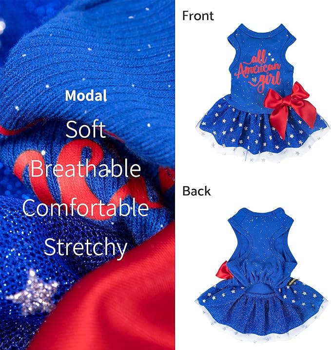 Fitwarm All American Girl Dog Dress, 4th of July Clothes for Small Dogs, Patriotic Tulle Dress, Pet Outfit, Royal Blue, Red, White, Medium