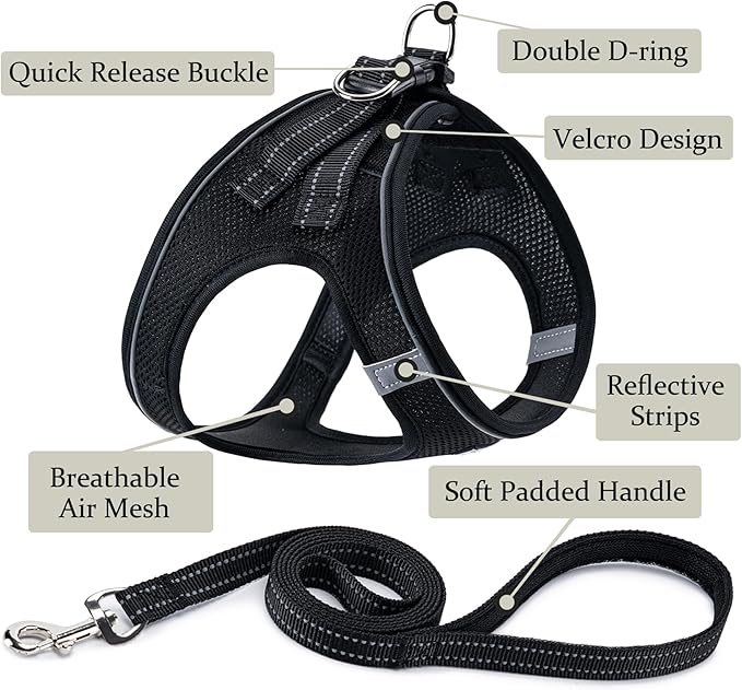 BOOMIBOO Dog Harness with Leash Set, No Pull Adjustable Reflective Step-in Puppy Pet Vest Harnesses for Small Medium Large Dogs and Cats,Black XXS