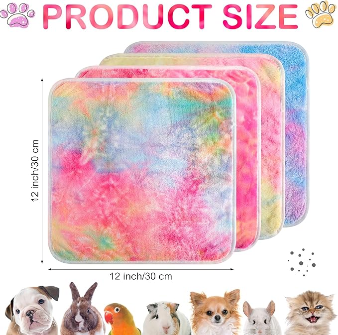 Tudomro 8 Pcs Guinea Pig Blankets Washable Small Pet Fleece Bedding Cage Liners Double Sided Pet Reusable Sleep Mat Pad Cover for Ferret Chinchilla Furniture Protection(Tie Dye,12 x 12 Inch)