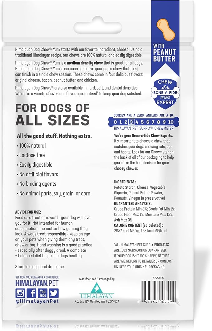 Himalayan Dog Chew Yak Cheese Dog Chews, Lactose Free & Grain Free, USA Made, For All Dog Breeds, Medium Density Cheese Chew, Resealable Pouch with 3 YUM Treats, Peanut Butter Flavor