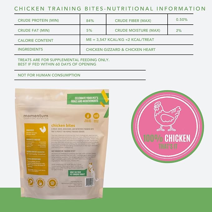 Momentum Carnivore Nutrition Freeze-Dried Chicken Training Bites – Two Ingredients-Chicken Gizzard and Heart, All-Natural Dog Treats –Made in USA – Perfect for Training & Rewards- 2.5 oz Bag