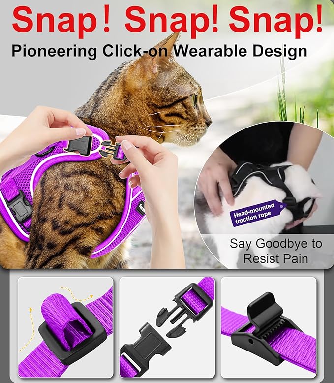 Cat Harness and Leash for Walking Escape Proof Soft Adjustable Cat Leash Breathable Comfortable Vest Easy to Wear Kitten Harness for Outdoor Travel (Purple, S (7-12lb))