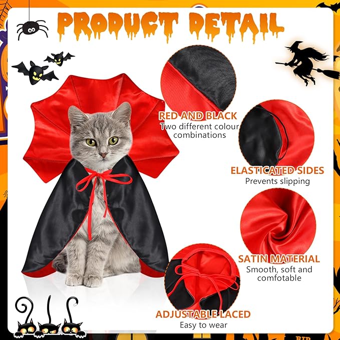 QKURT Cat Vampire Cloak-Pet Halloween Costumes, Dogs Cats Cape, Pet Cosplay Vampire Cloak & Accessories Costume Outfit for Halloween Party (Red,M)