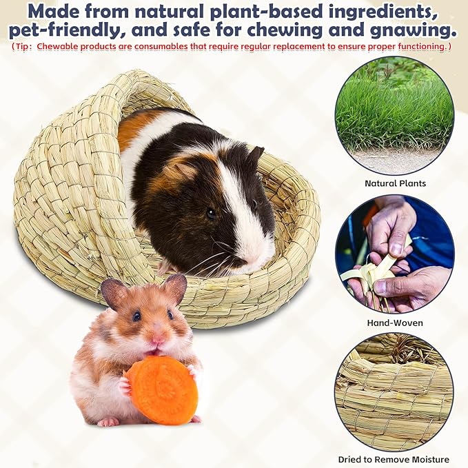 kathson Guinea Pig Grass House Guinea Pig Hideout Bunny Woven Hay Bed Hand Woven Natural Grass House for Hamster Bunny and Small Animals with Hay Chew Balls Toys(Small)