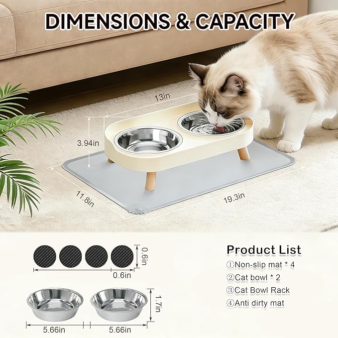 Elevated Cat Bowls with Food Mat, Splash Proof Anti Vomiting Raised Cat Food and Water Bowl Set, 2 Stainless Steel Dishes for Cats and Puppy, Pet Bowl for Indoor Cats White