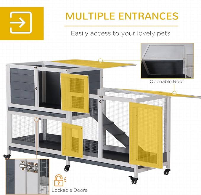PawHut Wooden Rabbit Hutch Bunny Hutch Elevated Pet House Cage Small Animal Habitat with No Leak Tray Lockable Door Openable Top for Indoor 57.75" x 18" x 32.5" Grey