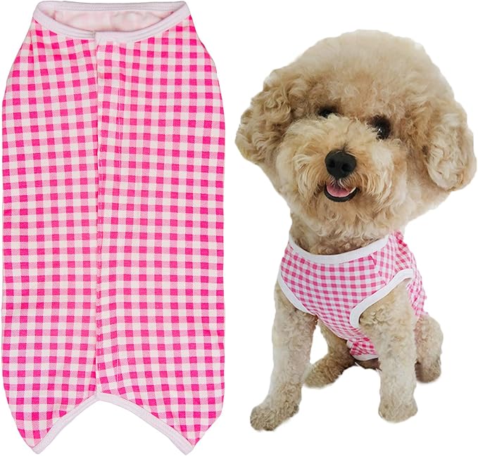 Dog’s Recovery Suit Post Surgery Shirt for Puppy, Wound Protective Clothes for Little Animals(Pink White Plaid-XL)
