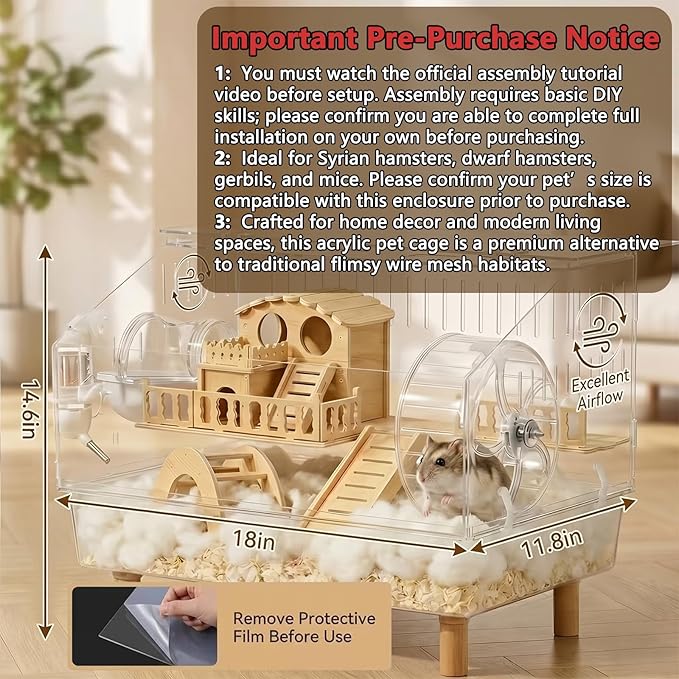 Chew-Resistant Acrylic Hamster Cage, Large Habitat with Enhanced Safety Lock System for Syrian & Dwarf Hamsters, Gerbils, Mice, Includes Full Accessory Set - 18.5" x 11.8" x 14.6"