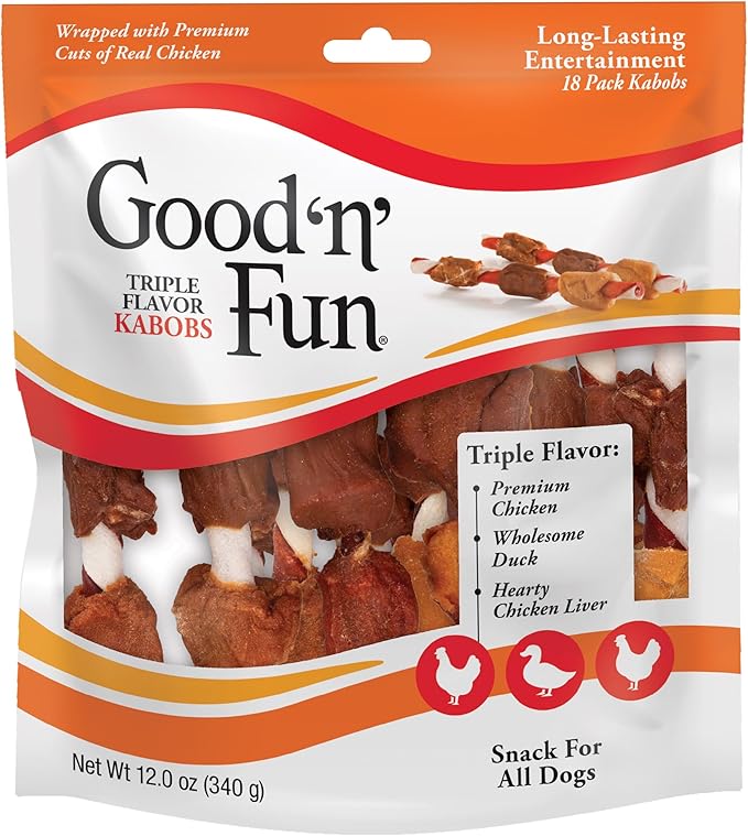 Good'n'Fun Triple Flavored Rawhide Kabobs for Dogs, 12 Oz (3 Pack)