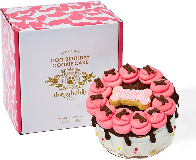 Thoughtfully Pets, Pink Dog Happy Birthday Mini Cookie Cake, Peanut Butter Flavored, Hand Decorated Hollow Biscuit Dog Treat Cake for All Small Large Breeds