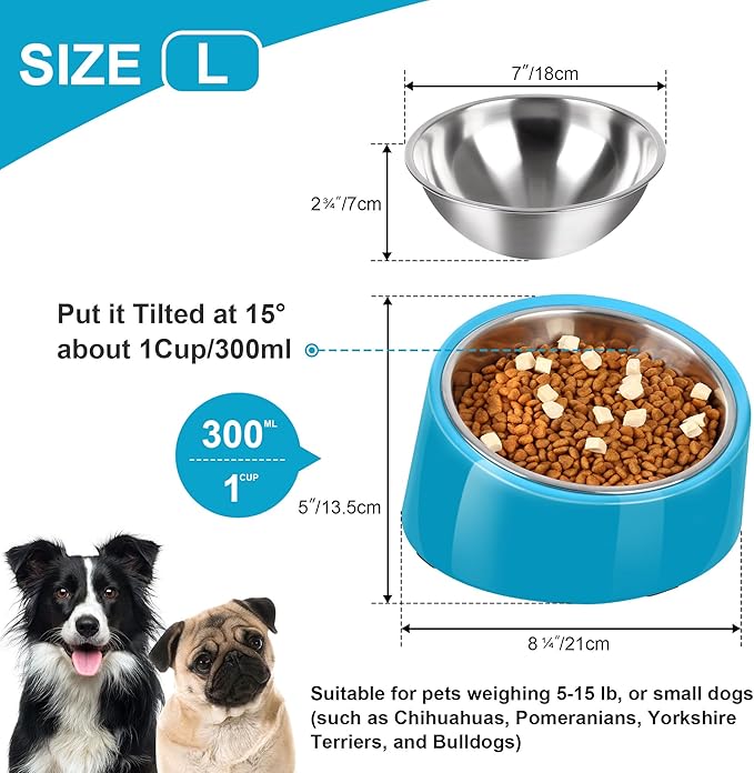 Tilted Dog Bowl Non-Slip & Non-Spill Pet Feeder with Elevated Detachable Melamine Stand, Easy to Get Food Dog Dish, L/300ml Blue
