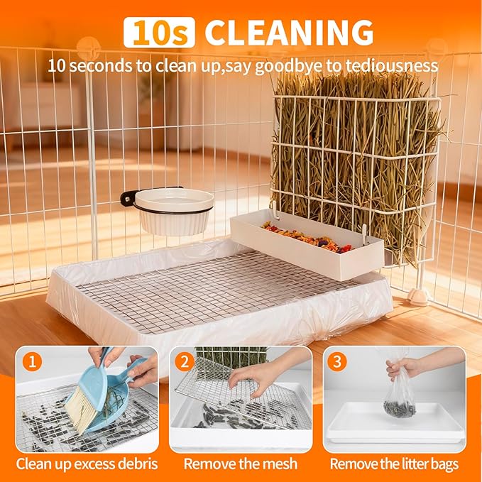 BESNEW 3 in 1 Rabbit Hay Feeder with Litter Box,Upgraded Metal Hay Rack & Litter Tray & Water Bowl,Quick Cleaning,Easy to Install,Bunny Supplies for Rabbit Guinea Pig Chinchilla Small Animals