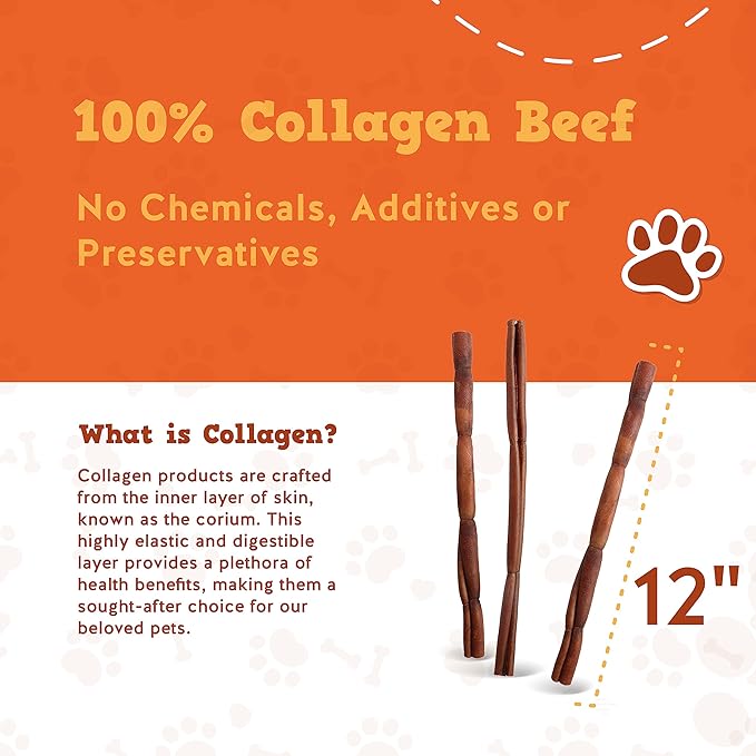 Jack&Pup 12" Beef Collagen Sticks for Dogs | Rawhide Free Dog Chews Long Lasting | Single Ingredient Healthy Dog Treats for Medium Dogs | Bully Stick Alternative (5 Pack)
