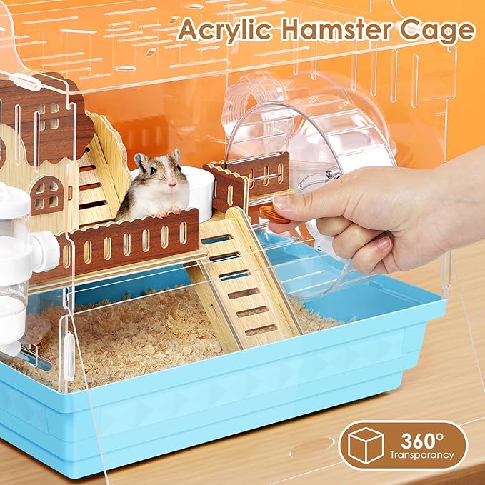 Acrylic Hamster Cage Small Hamster Habitat 360 Viewing Hamster Enclosure with Running Wheel & Hideout for Dwarf, Guinea Pig, Gerbils, Blue, 13.3" L*10.2" W*12.4" H