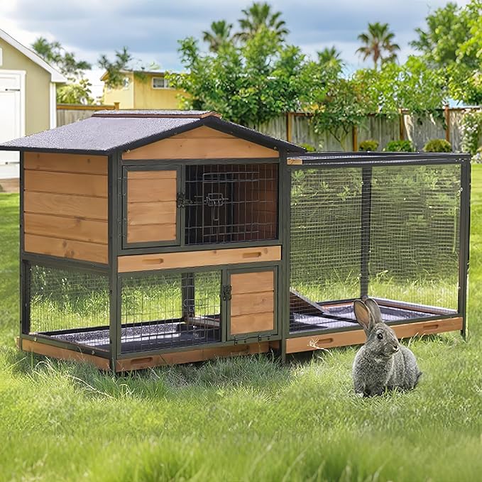 Rabbit Hutch Indoor/Outdoor Bunny Cage with 6 Wheels 2 Story 2 Trays Rabbit Cage Chew-Proof Ramp and Metal Frame – Ideal for Guinea Pig Cage