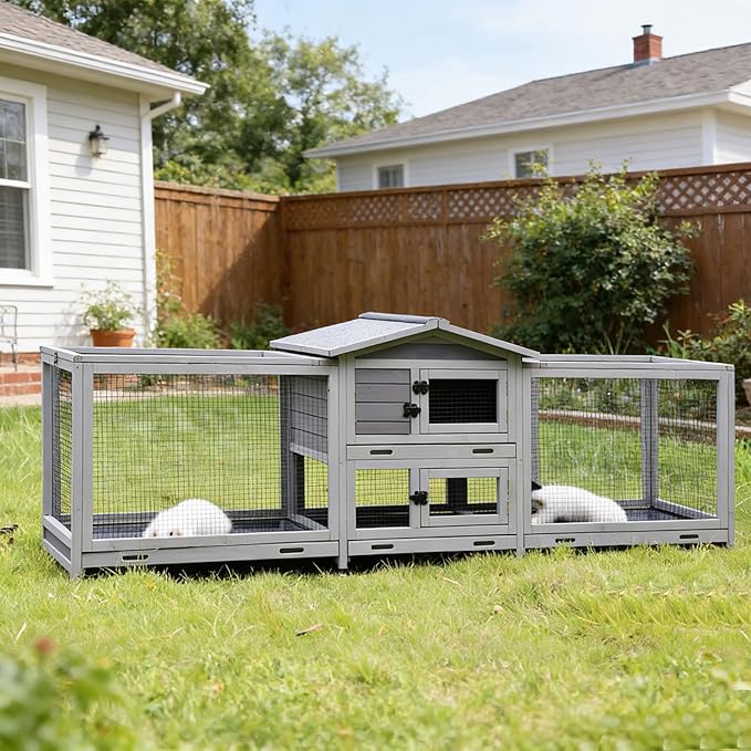 Rabbit Hutch Indoor Outdoor, 93.7" Large Rabbit Cage with 4 Pull Out Trays & Wheels, Wooden Bunny Cage with Weatherproof Asphalt Roof, Pet House for Rabbits, Guinea Pigs and Small Animals