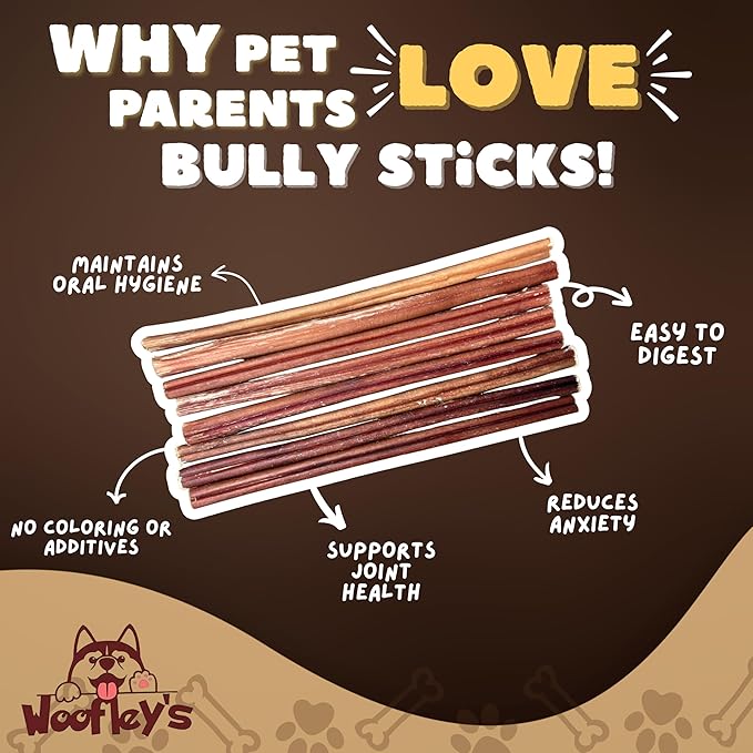 Woofley's 12 Inch Bully Sticks for Small Dogs - (15 Count) - Bully Sticks for Dogs - Long Lasting Dog Chews