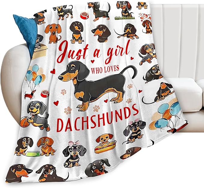 SweetFox Just A Girl Who Loves Dachshunds Blanket, Dachshund Dog Decor Throw Blanket Gifts for Girls Boys Lover Super Warm Soft Plush Fleece Flannel Bedding Blankets for Kids Adults Men Women 50"X40"