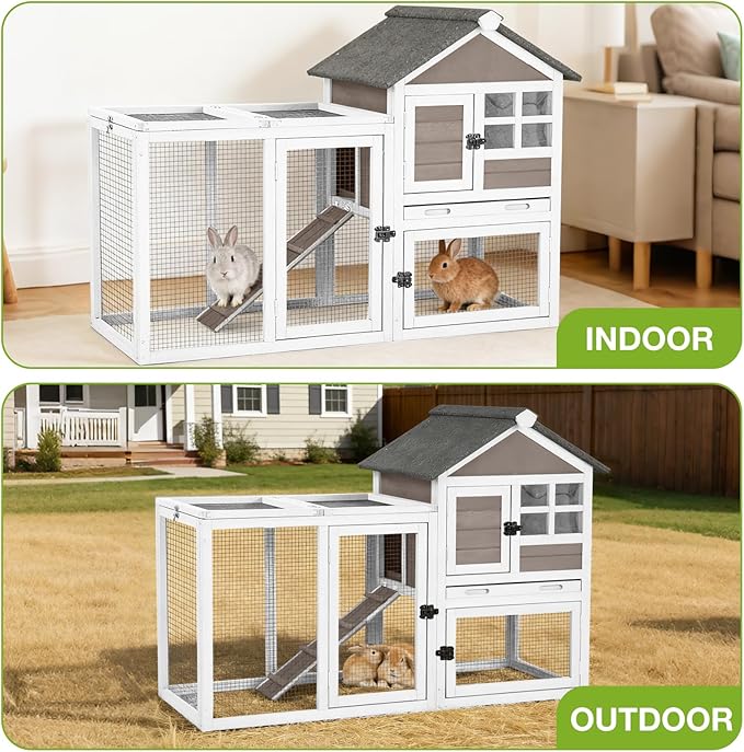 Rabbit Hutch Indoor or Outdoor, Wooden Bunny Cage with Chew-Proof Ramp, Mobile Rabbit House with Wheels, Guinea Pig Cages with Leakproof Tray and Waterproof Roof (Brown)