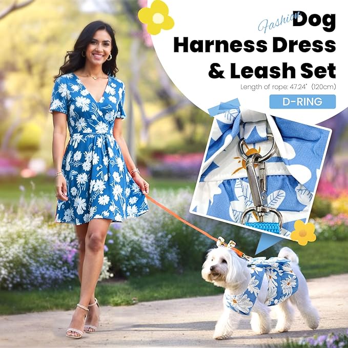 ABRRLO Cute Dog Dress Small Dog Clothes For Girls Female Puppy Outfits Blue Daisy Pet Summer Clothes Bowknot Doggy Cat Princess Dress Harness Set for Holiday Birthday Party Costume Clothing (Blue,XXL)