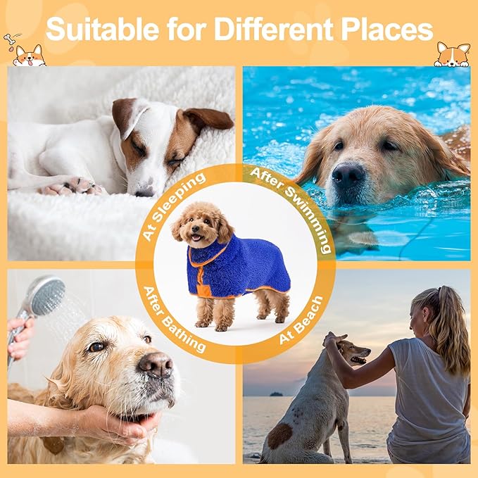 Bienbee Dog Bathrobe, Quick Drying Super Absorbent Dog Robes for After Bath, Warm Keeping Dogs Towel, Dogs Bath Supplies, Dark Blue S