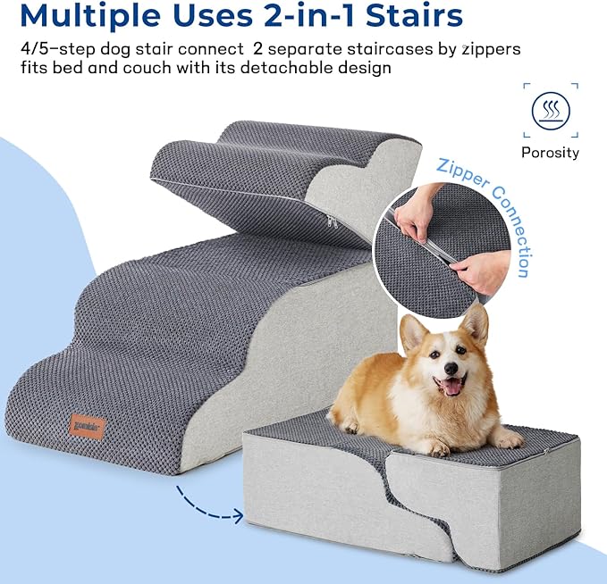 ZOMISIA Dog Stairs for Small Dogs - Pet Stairs for Couch and Bed, 35D Foam Dog Steps Ramp with Non-Slip Bottom Brown, 3 Steps