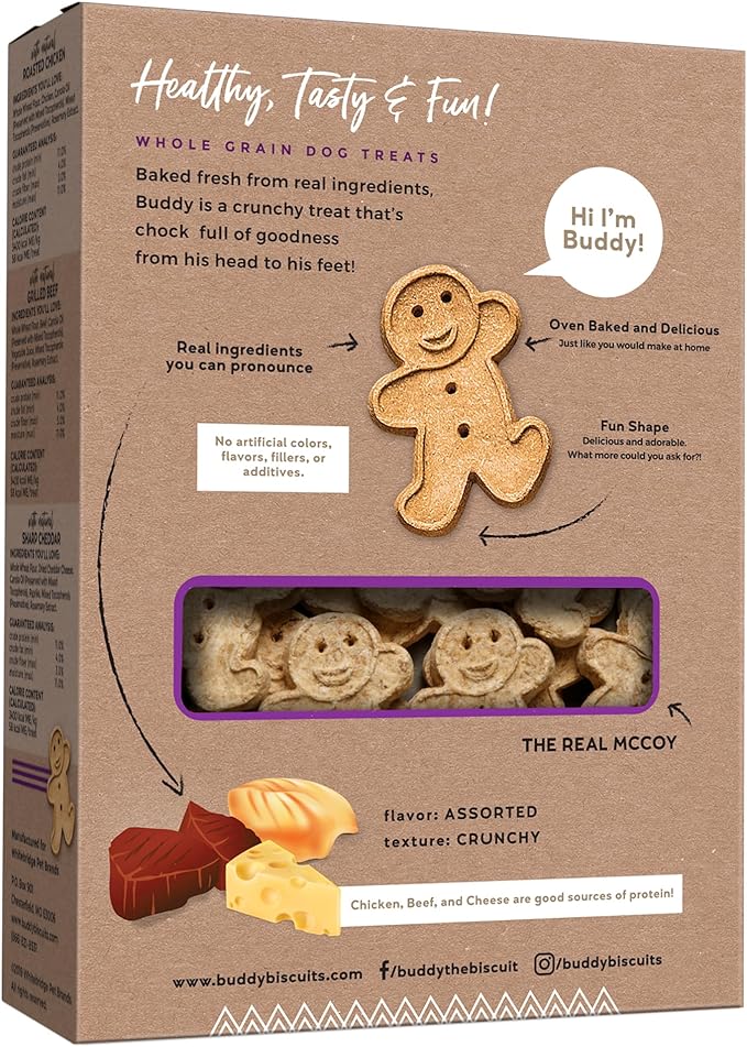 Buddy Biscuits 16 oz. Box of Crunchy Dog Treats Made with Assorted Flavors of Roasted Chicken, Grilled Beef, and Sharp Cheddar (Pack of 2)