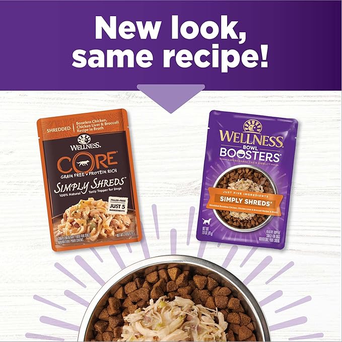 Wellness Bowl Boosters Simply Shreds Wet Dog Food Topper for Small, Medium, & Large Breeds, Grain Free, Natural, Chicken Liver & Broccoli, 2.8 Ounce Pouch (Pack of 12)