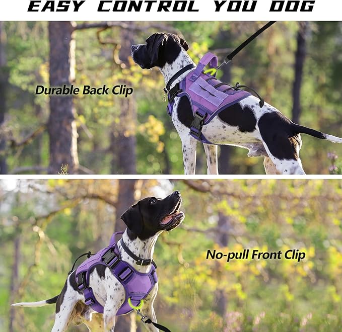 WINGOIN Purple Tactical Dog Harness for Small Dogs, Heavy Duty No Pull Harness with Handle, Adjustable Reflective Military K9 Pet Vest for French Bulldog, Pug, Walking, Training, Hunting (S)