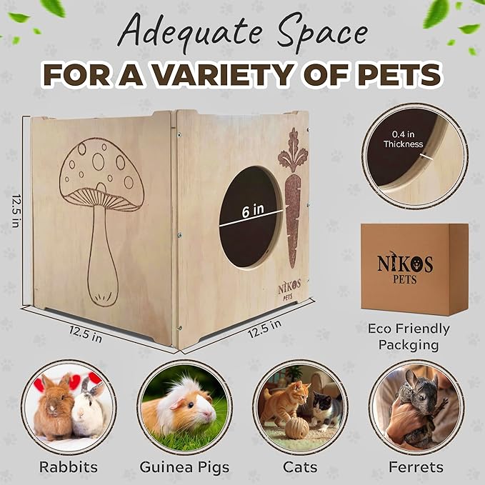 Wooden Rabbit Hideout, Rabbit Bed, Indoor Hutch, Bunny House Pet for Bunnies, Guinea Pigs, Outdoor Shelter Hut, Small Animal Hideaway, Bunny Playground (12.5 x 12.5 in)