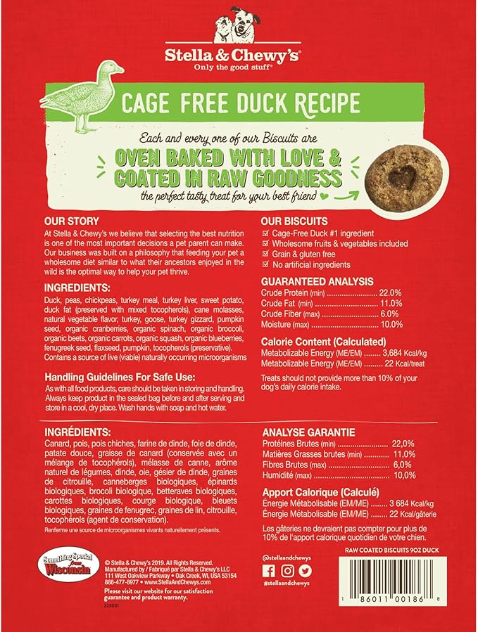 Stella & Chewy's Freeze-Dried Raw Coated Dog Biscuits – Cage-Free Duck Recipe – Protein Rich, Grain Free Dog & Puppy Treat – Great Snack for Training & Rewarding – 9 oz Bag