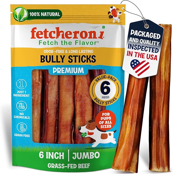 Jumbo Bully Sticks for Dogs - Naturally Cleans and Strengthens Teeth - Rawhide Free Dog Chews Long Lasting - Lasts 50% Longer Than a Standard Bully Stick (6 Inch, 6 Pack)