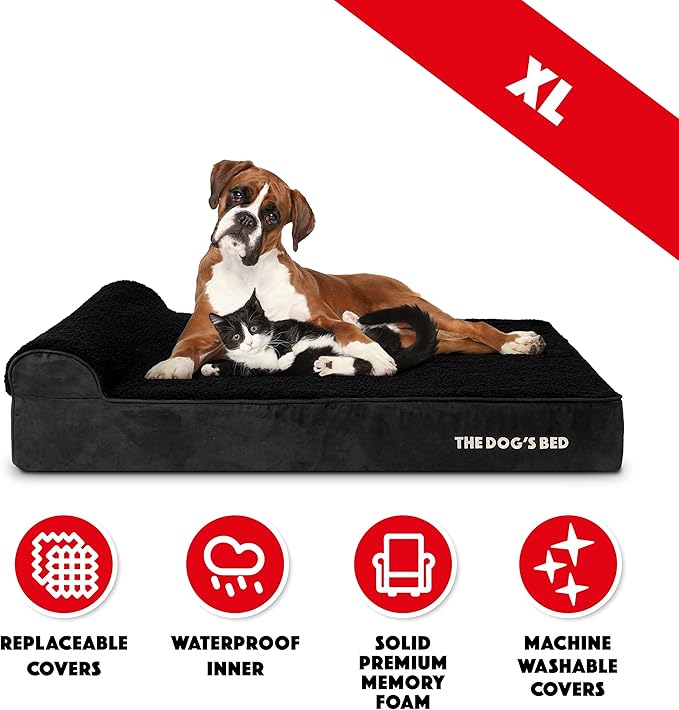 The Dog’s Bed Orthopedic Memory Foam Dog Bed with Headrest, Calming Surface – CertiPUR-Certified Foam, Plush Fabric, Black Plush, XL, 6-Inch