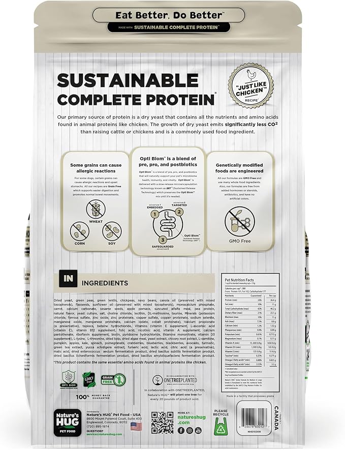 Nature's HUG Dry Dog Food, for Senior-Medium & Large Breeds, 20 lb. Bag, Chicken Flavor Plant-Based Protein Kibble, Grain-Free, Allergen-Free, Complete Protein & Balanced Nutrition