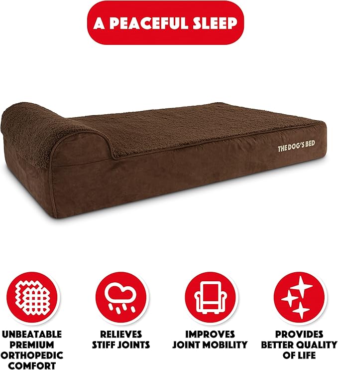 The Dog’s Bed Orthopedic Memory Foam Dog Bed with Headrest, Calming Surface – CertiPUR-Certified Foam, Plush Fabric, Brown Plush, XL, 6-Inch